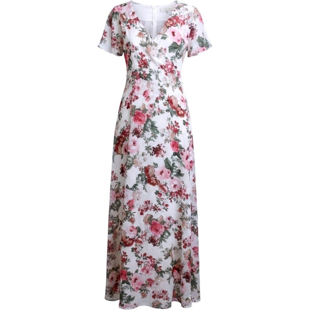Floral Print Maxi Dress Flutter Sleeve Bohemian Style Cream Pink Green M /#26134